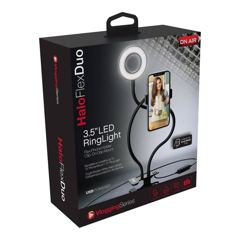 Tzumi ONAIR Halo Flex Duo 3.5'' Ring Light with Two Flexible Arms & Cell Phone Holder - Black