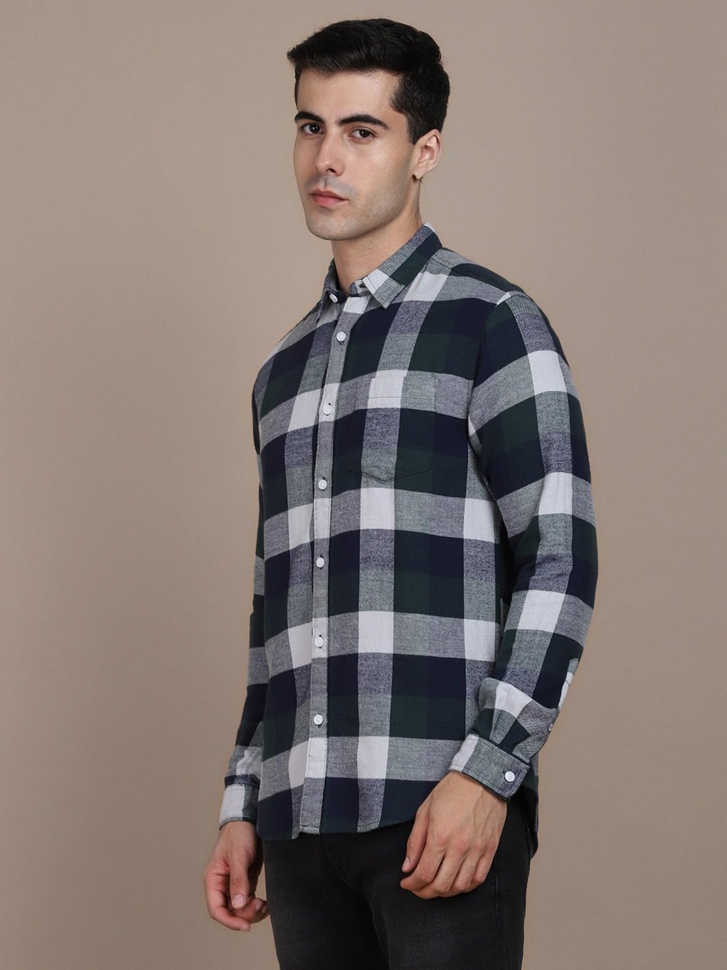 Dennis Lingo Navy & White Cotton Slim Fit Checks Shirt