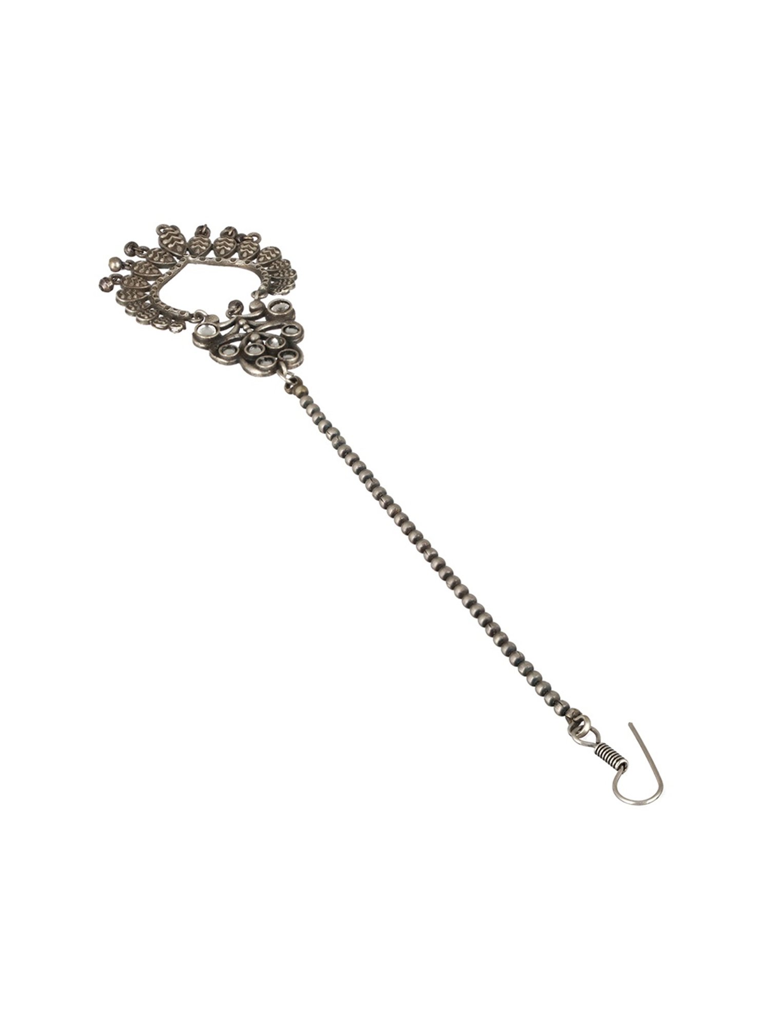 Priyaasi Aesthetic Studded Leaves Oxidized Silver Maangtikka