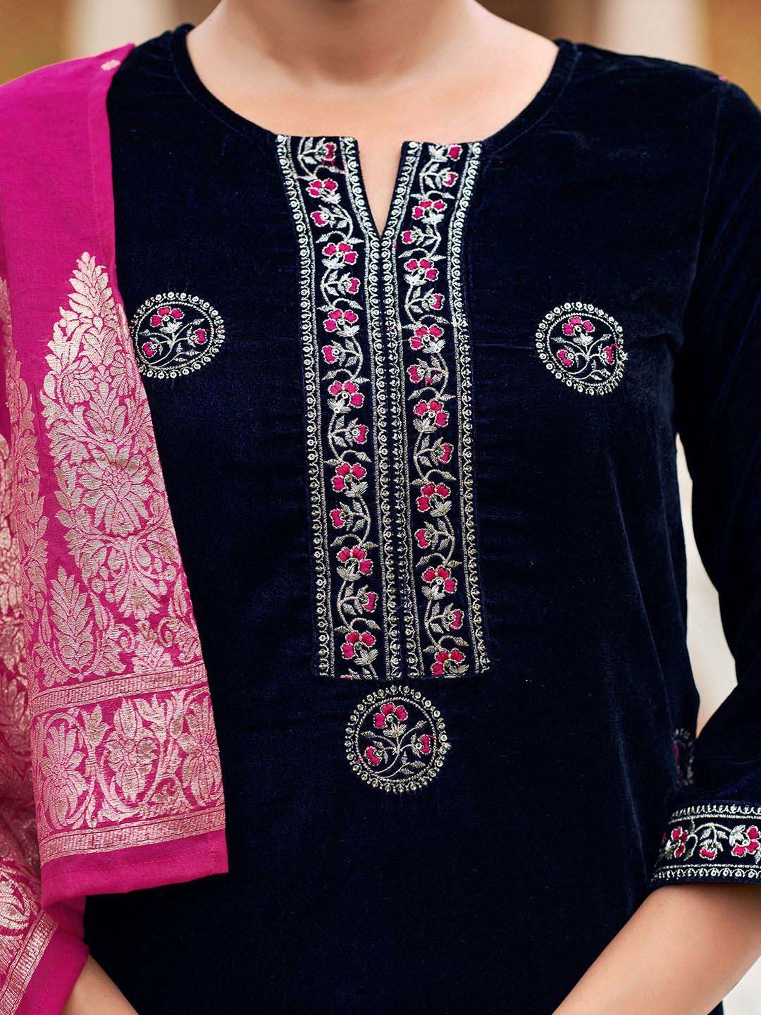 Skylee Navy Embroidered Kurta Pant Set With Dupatta