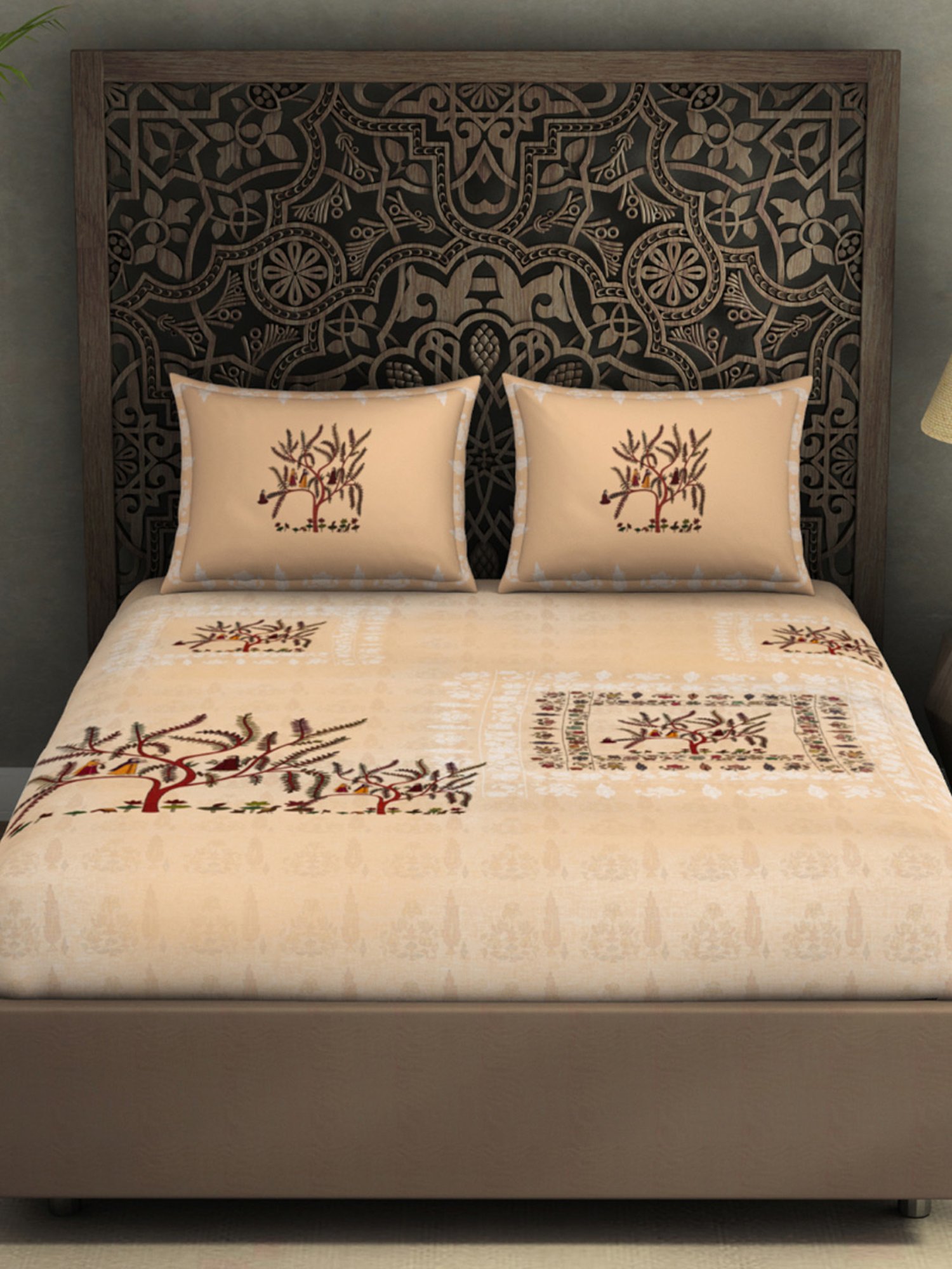 Spaces Chamba Rumal Abstract Beige 300 TC Cotton King Bedsheet with 2 Pillow Covers