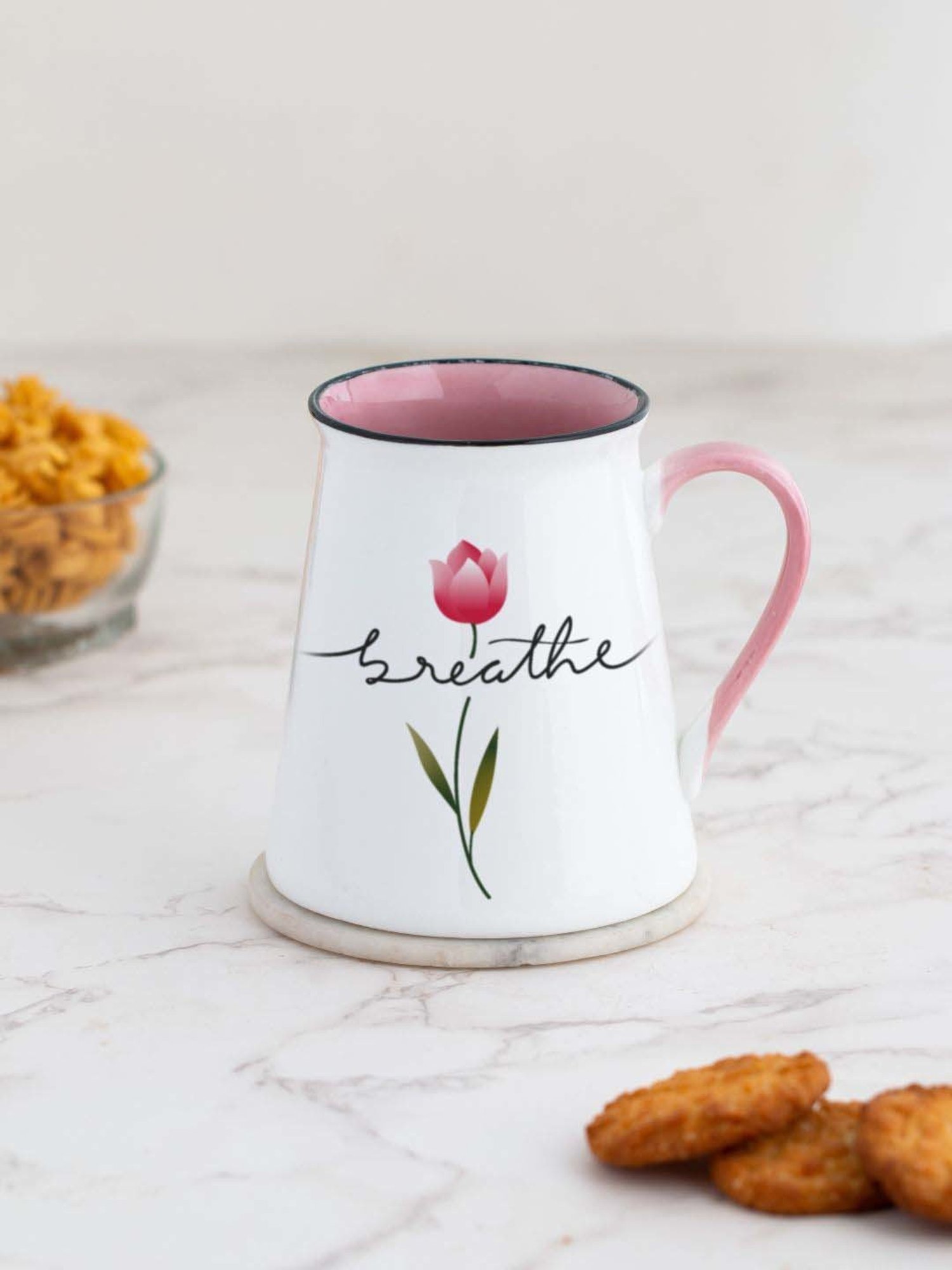 Clay Craft White & Pink Ceramic Beaker-Shaped Mug (0.35 L)