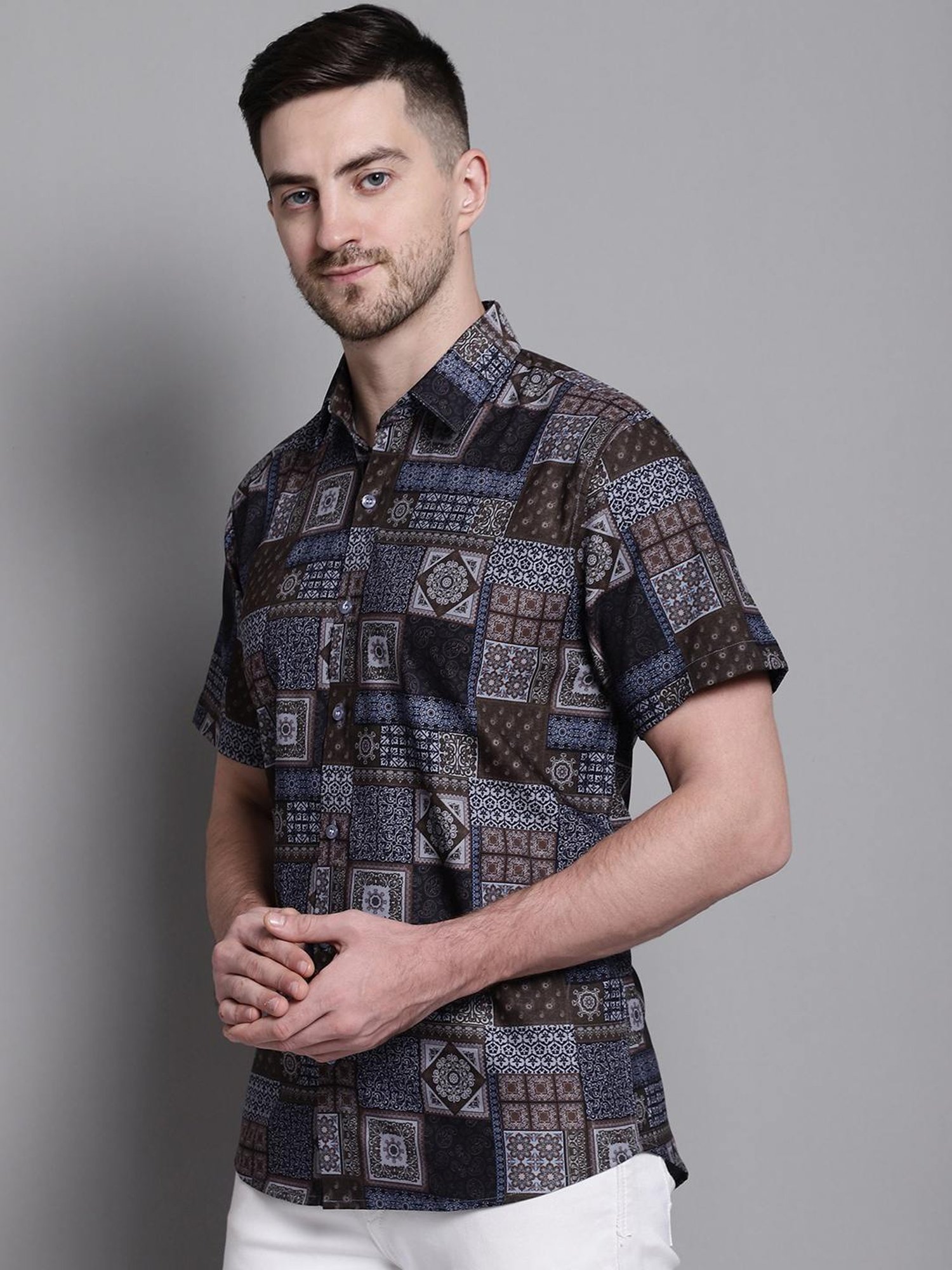 Jainish Coffee Cotton Regular Fit Printed Shirt