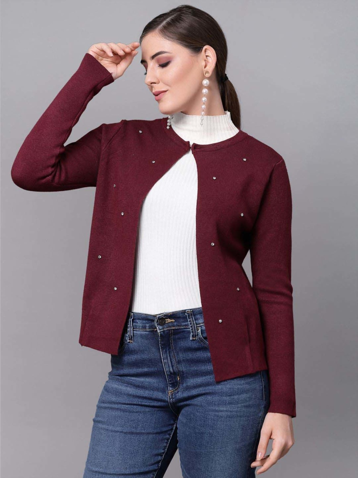 Mafadeny Maroon Embellished Shrug