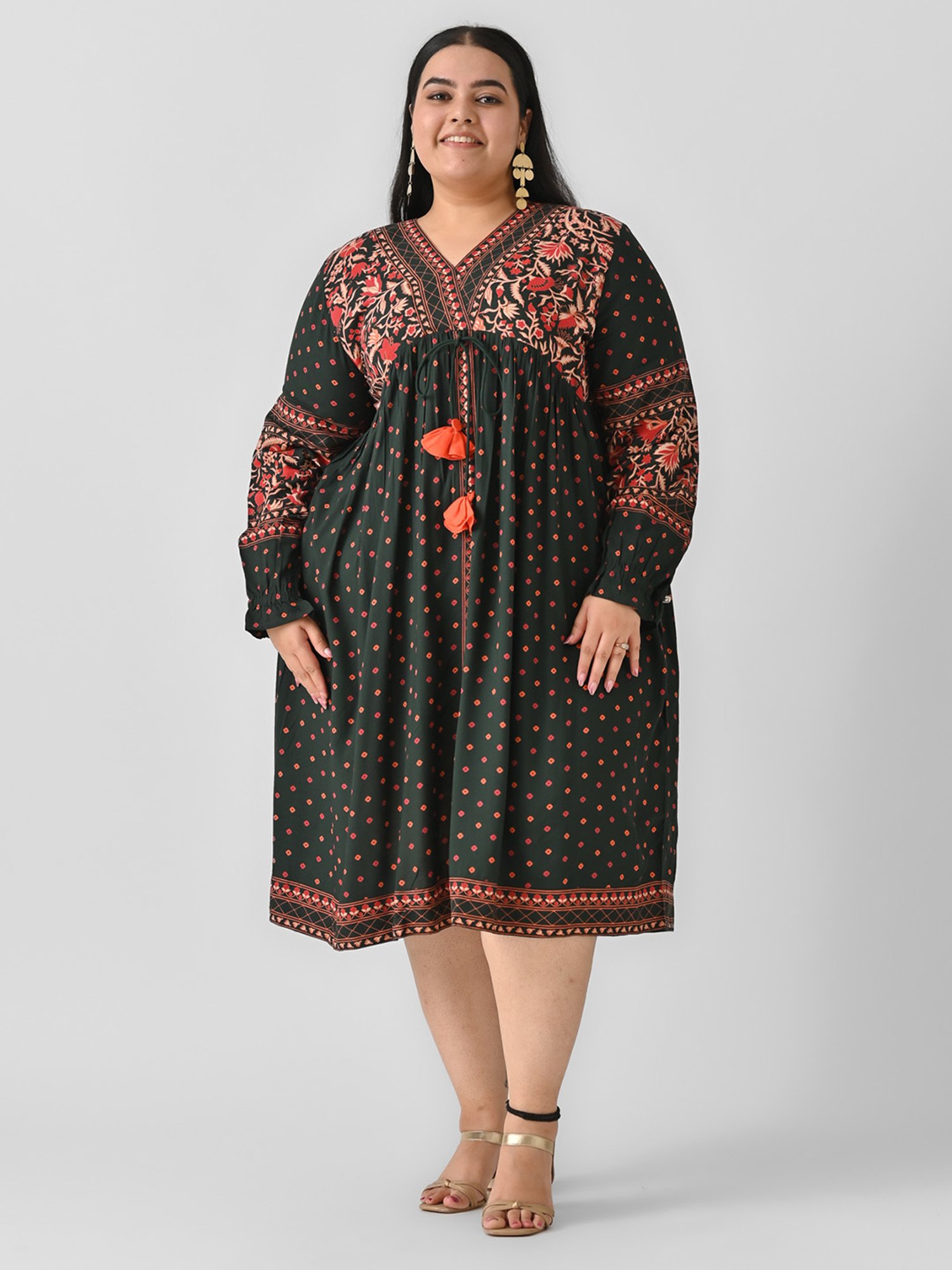 Rustorange Green Printed Ethnic Dress