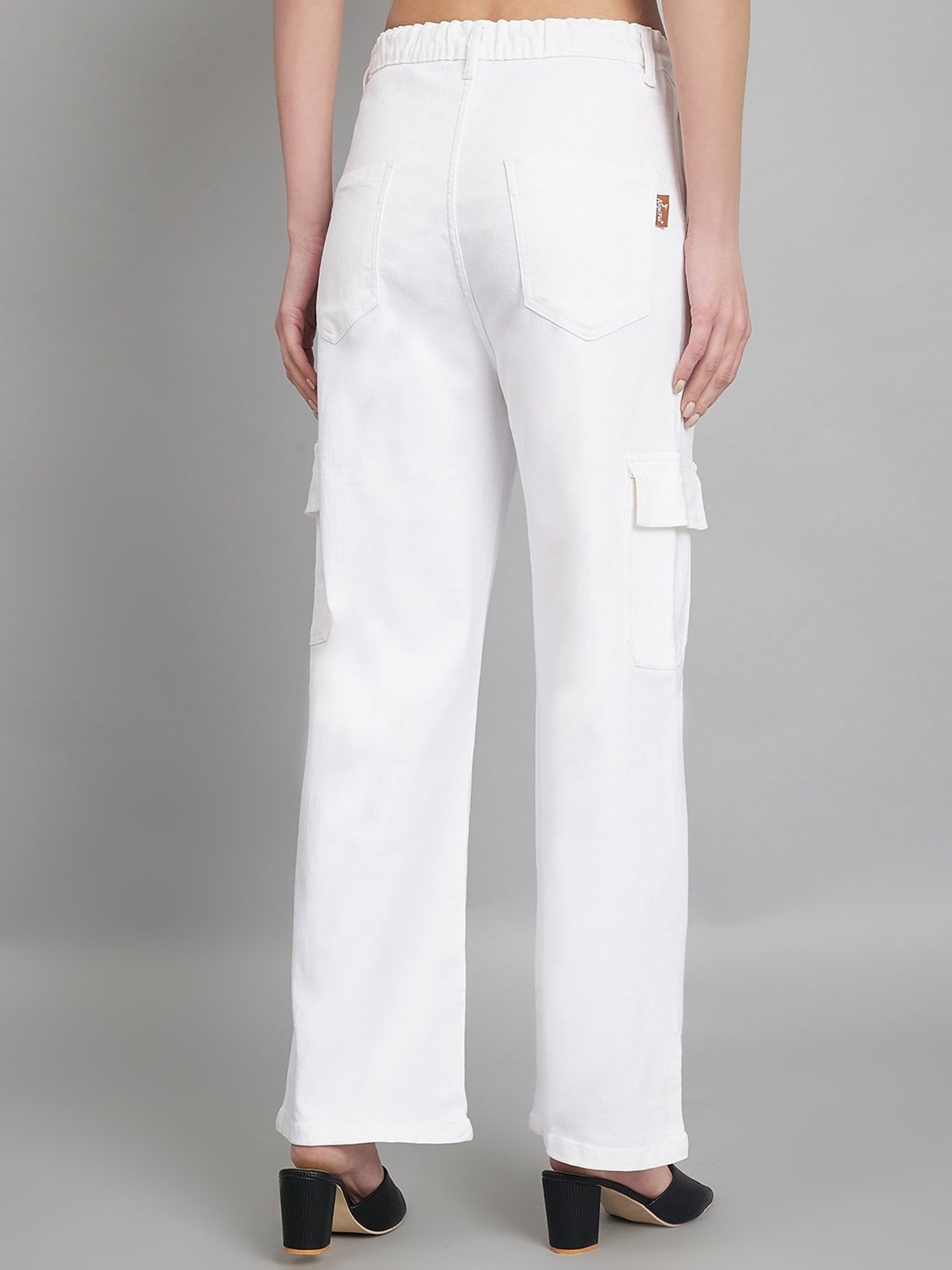 Angelfab White Cotton Relaxed Fit High Rise Cargo Jeans