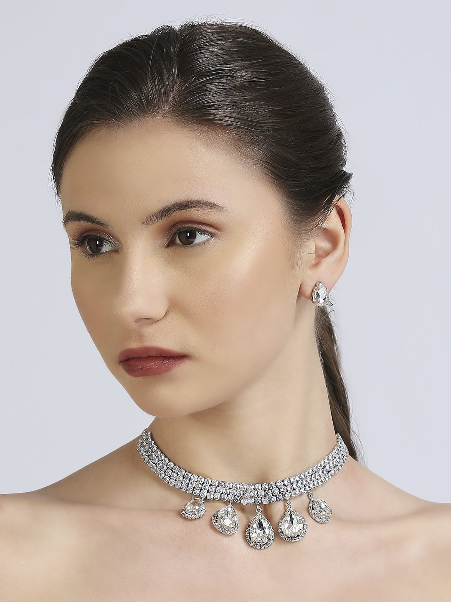 OOMPH Silver Cubic Zirconia Teardrop Statement Pendant Choker Set