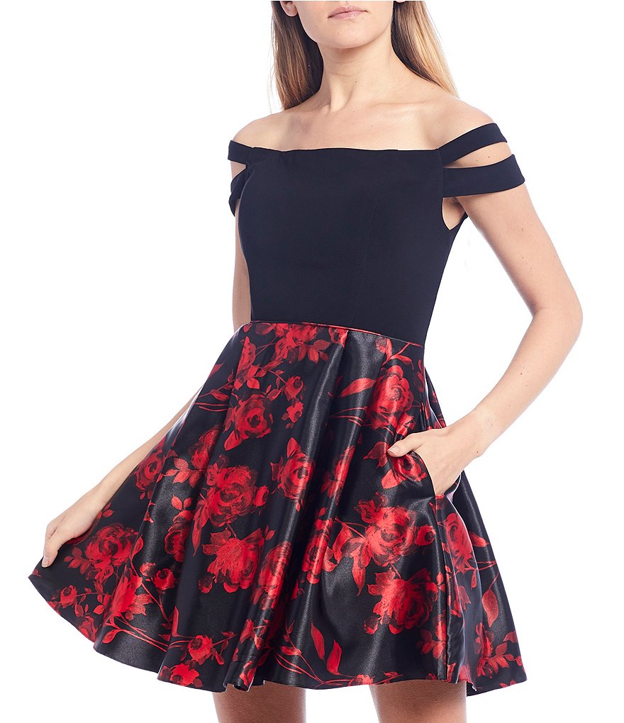 Blondie Nites Off-the-Shoulder Double Strap Floral Print Skirt Fit-and-Flare Dress