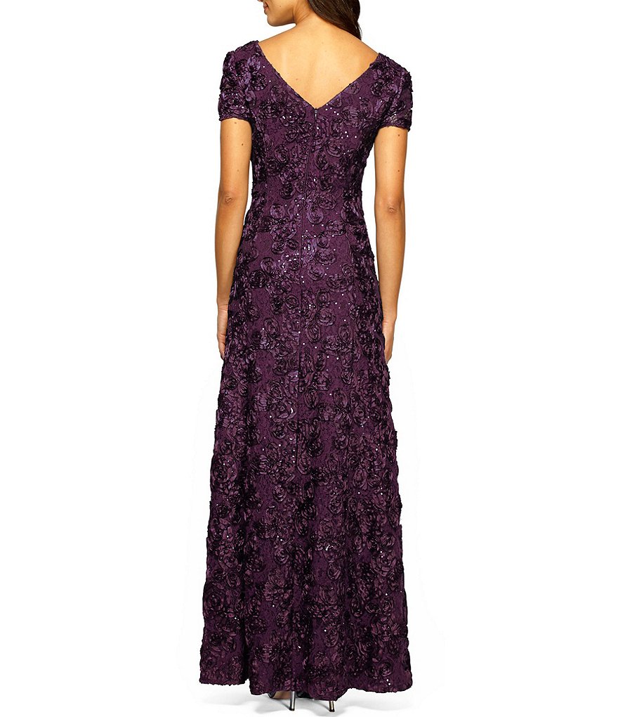 Alex Evenings Sequined-Lace Rosette-Rose Gown