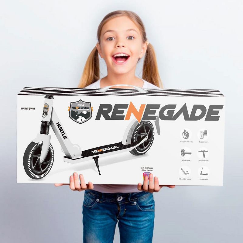 Hurtle Renegade Lightweight Foldable Teen and Adult Adjustable Ride On 2 Wheel Transportation Commuter Kick Scooter, White