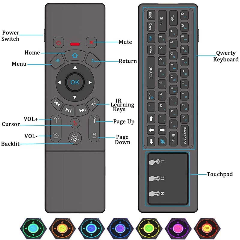 Air Mouse for Android tv Box, Rechargeable Mini Wireless Keyboard and Air Remote Control Touchpad with RGB Backlit T6 for Android TV Box, PC, Projector, HTPC etc.