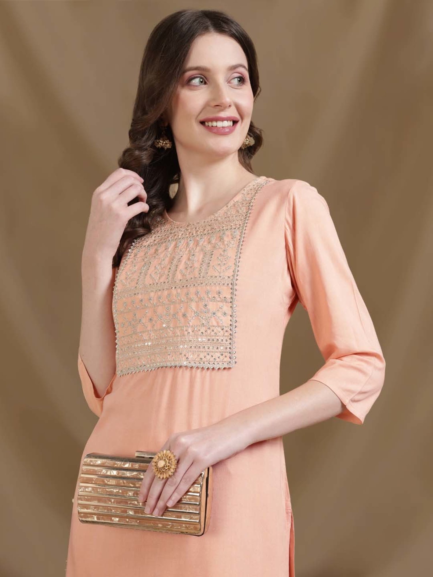 Rangita Peach & Off-White Embroidered Kurta Pant Set