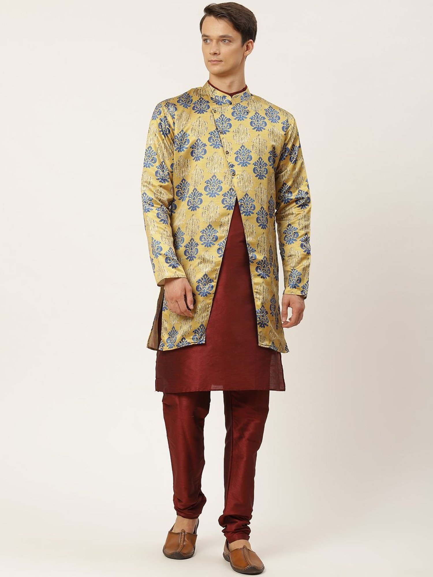 Sojanya Maroon Regular Fit Printed Kurta Set With Jacket