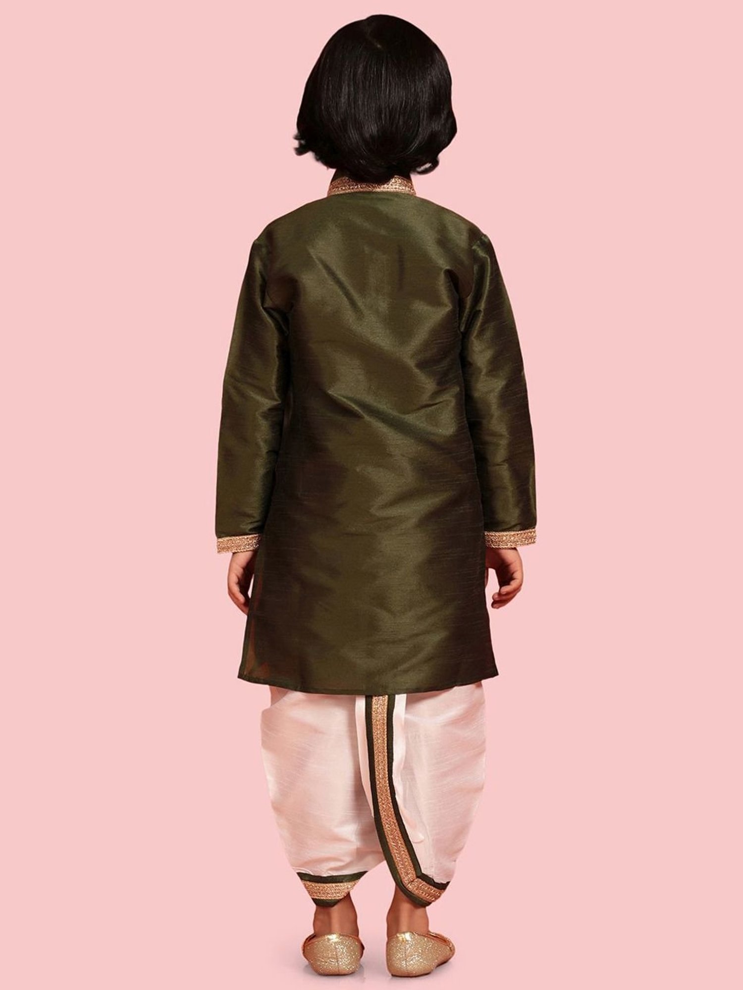 AJ Dezines Kids Olive Green & White Embroidered Full Sleeves Kurta Set