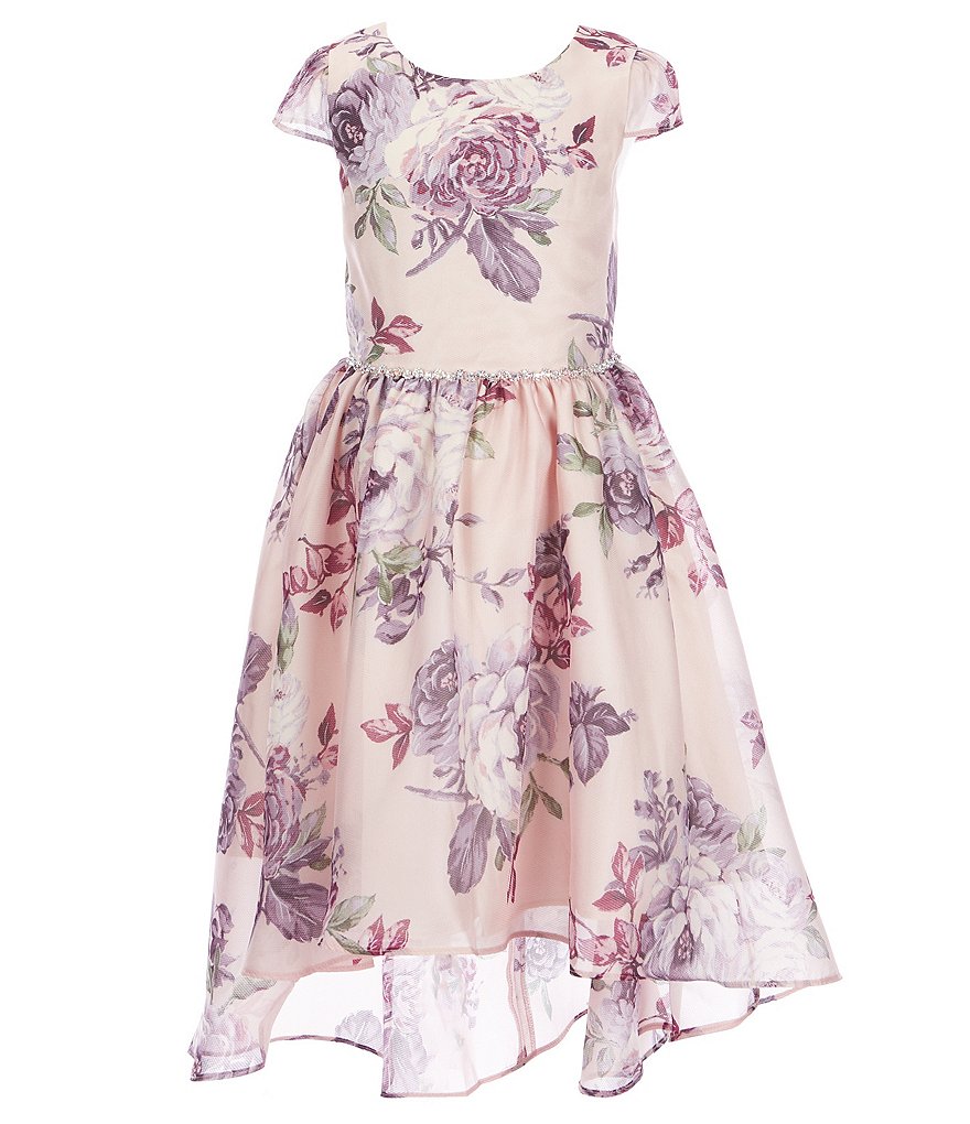 Rare Editions Big Girls 7-16 Cap-Sleeve Embellished Waist Floral Print High-Low Hem Chiffon Dress