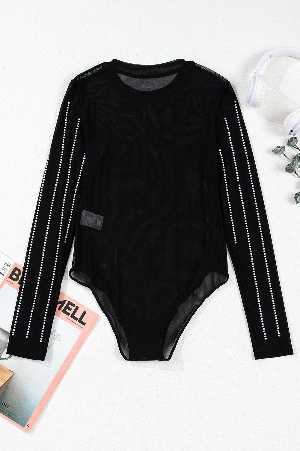 Rose Red Rhinestone Mesh Long Sleeve Bodysuit