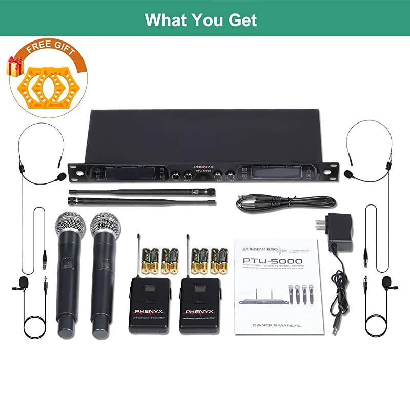 Wireless Microphone System,  4-Channel UHF Cordless Mic Set with Handheld/Lapel/Headset/Bodypack, Rugged Metal Build, Fixed Frequency, Long Range, Ideal for Church,Karaoke,Events(PTU-5000B)