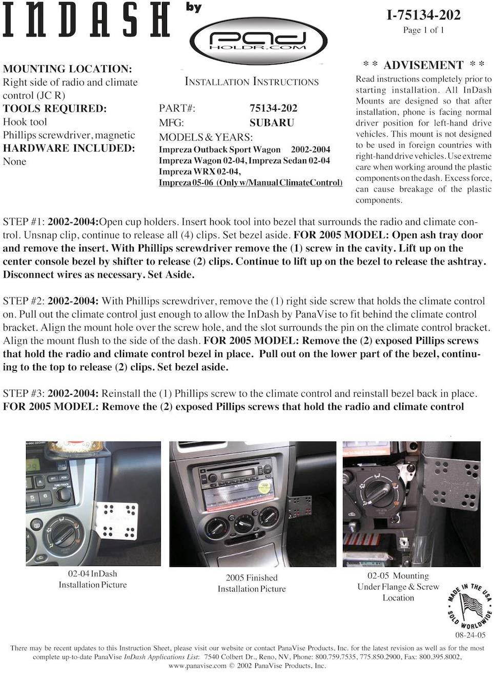 Padholdr Social Series Premium Tablet Dash Kit for 2002-2006 Subaru Impreza Models