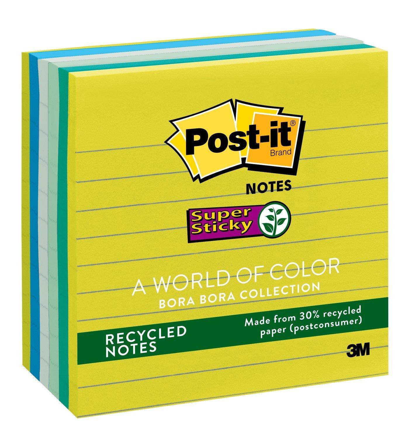 Post-it Recycled Super Sticky Notes, 2x Sticking Power, 4 in x 4 in, Bora Bora Collection, Lined, 6 Pads/Pack, 90 Sheets/Pad (675-6SST)