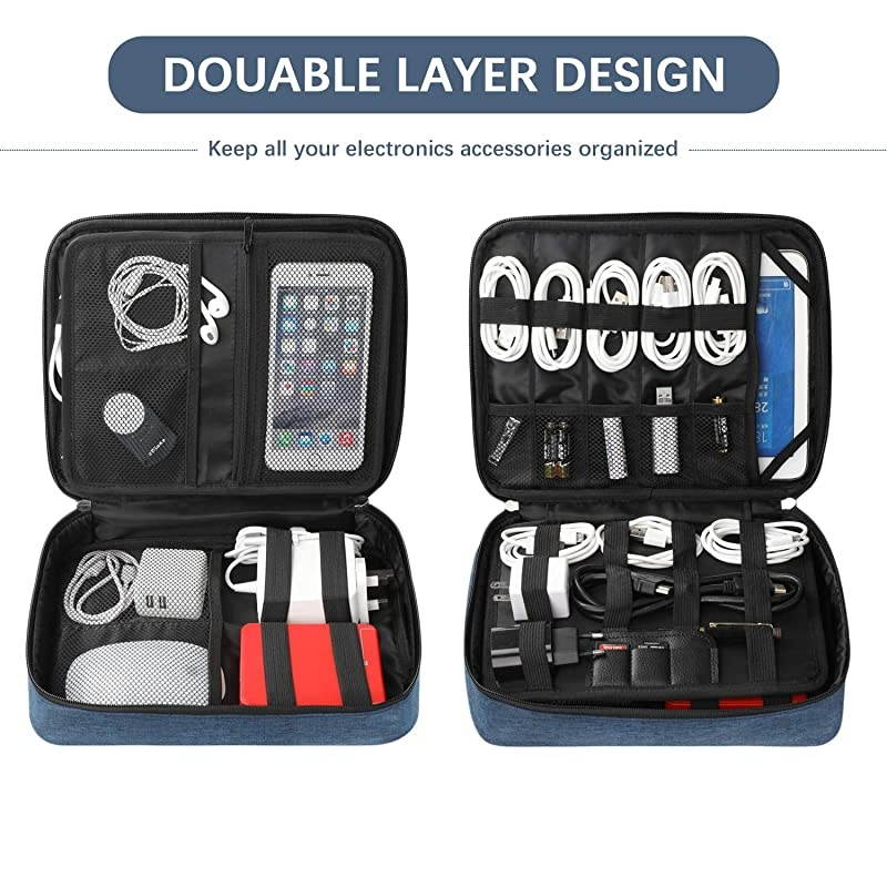 Electronics Bag,  Electronic Accessories Travel Cable Organizer Waterproof Cord Storage Bag for Cables, iPad (Up to 11''),Power Bank, USB Flash Drive and More-(All Black)