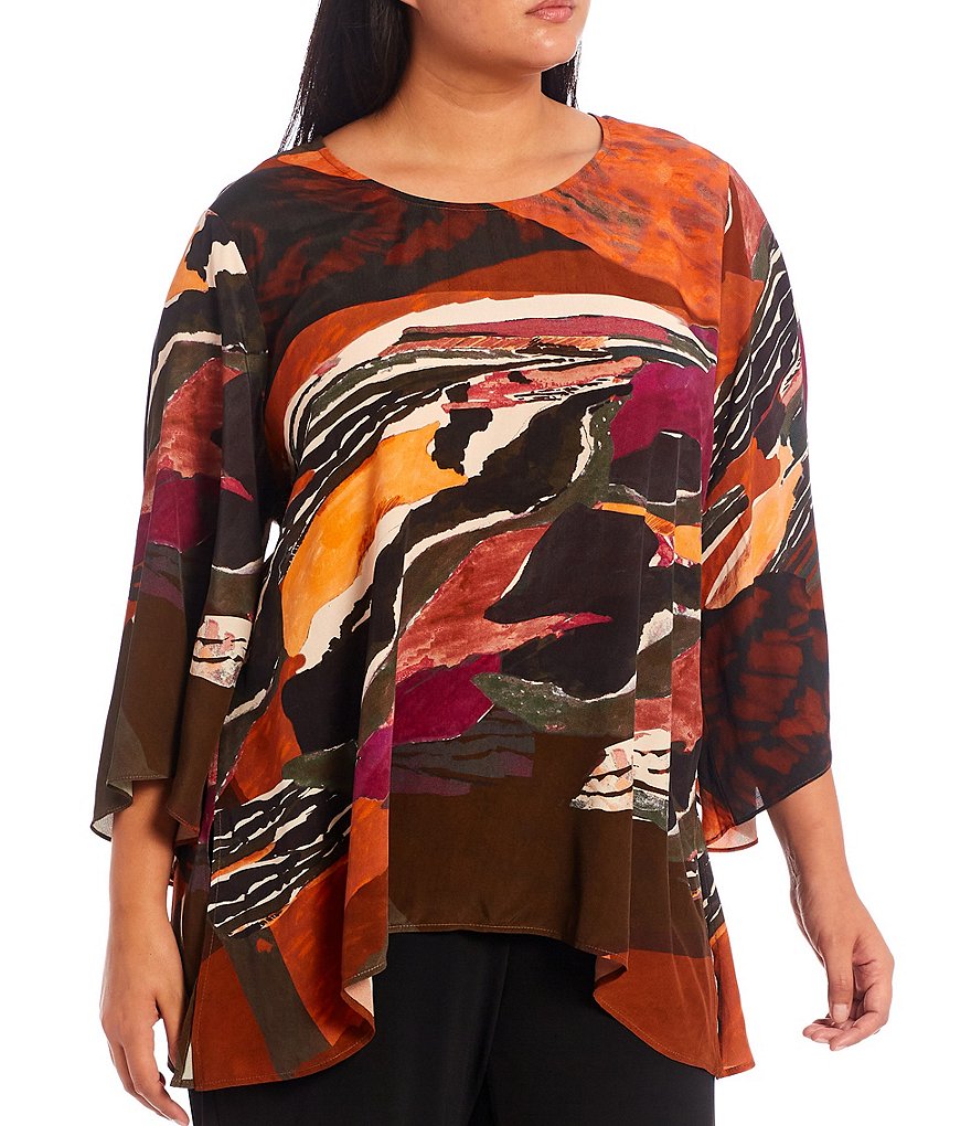 Karen Kane Plus Size Printed Round Neck Sharkbite Flare Hem Chiffon 3/4 Sleeve Top