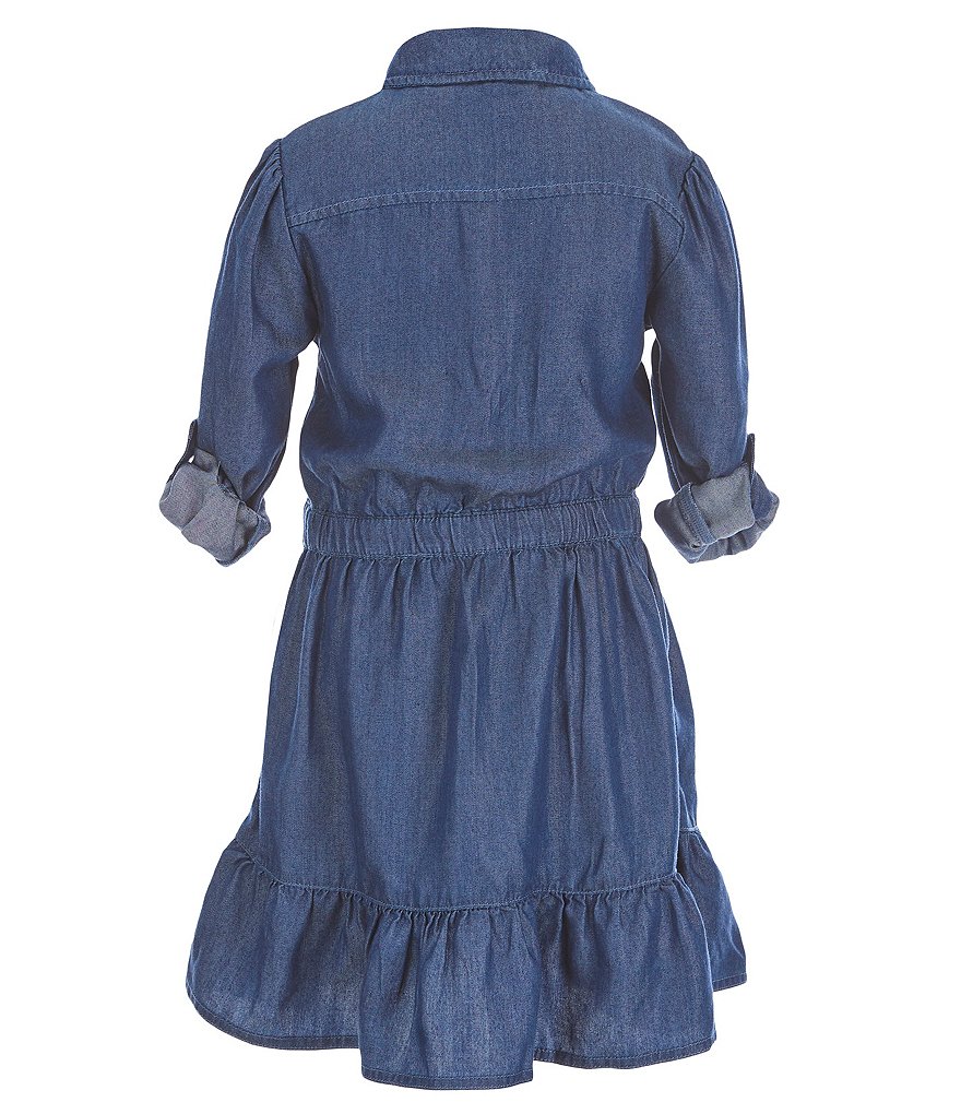 Guess Little Girls 2T-7 Long-Sleeve Ruffled Faux-Wrap Hem Denim Dress