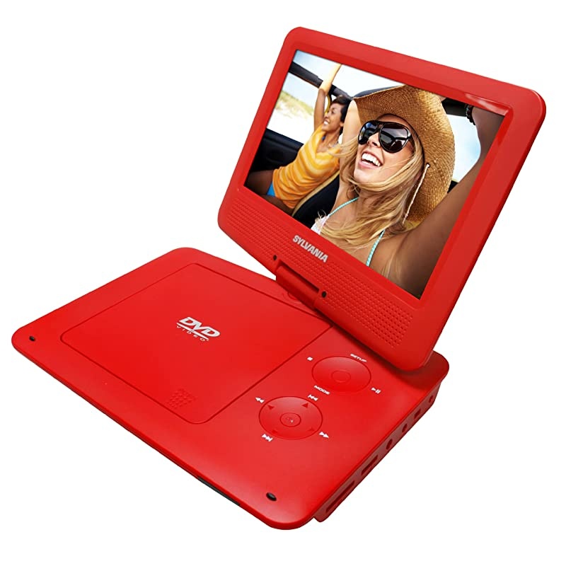 9-Inch Swivel Screen Portable DVD/CD/MP3 Player with 5 Hour Built-In Rechargeable Battery, USB/SD Card Reader, AC/DC Adapter, Red