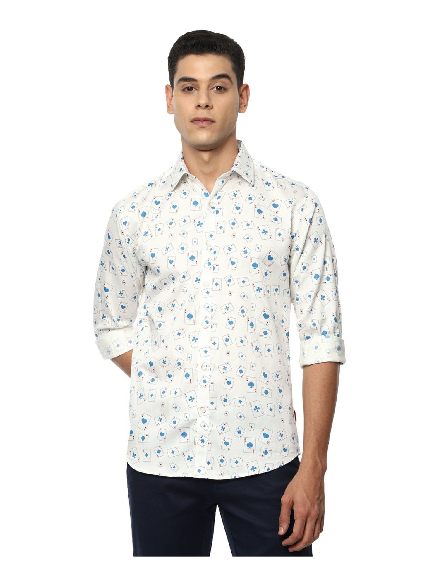 V Dot Beige Cotton Slim Fit Printed Shirt