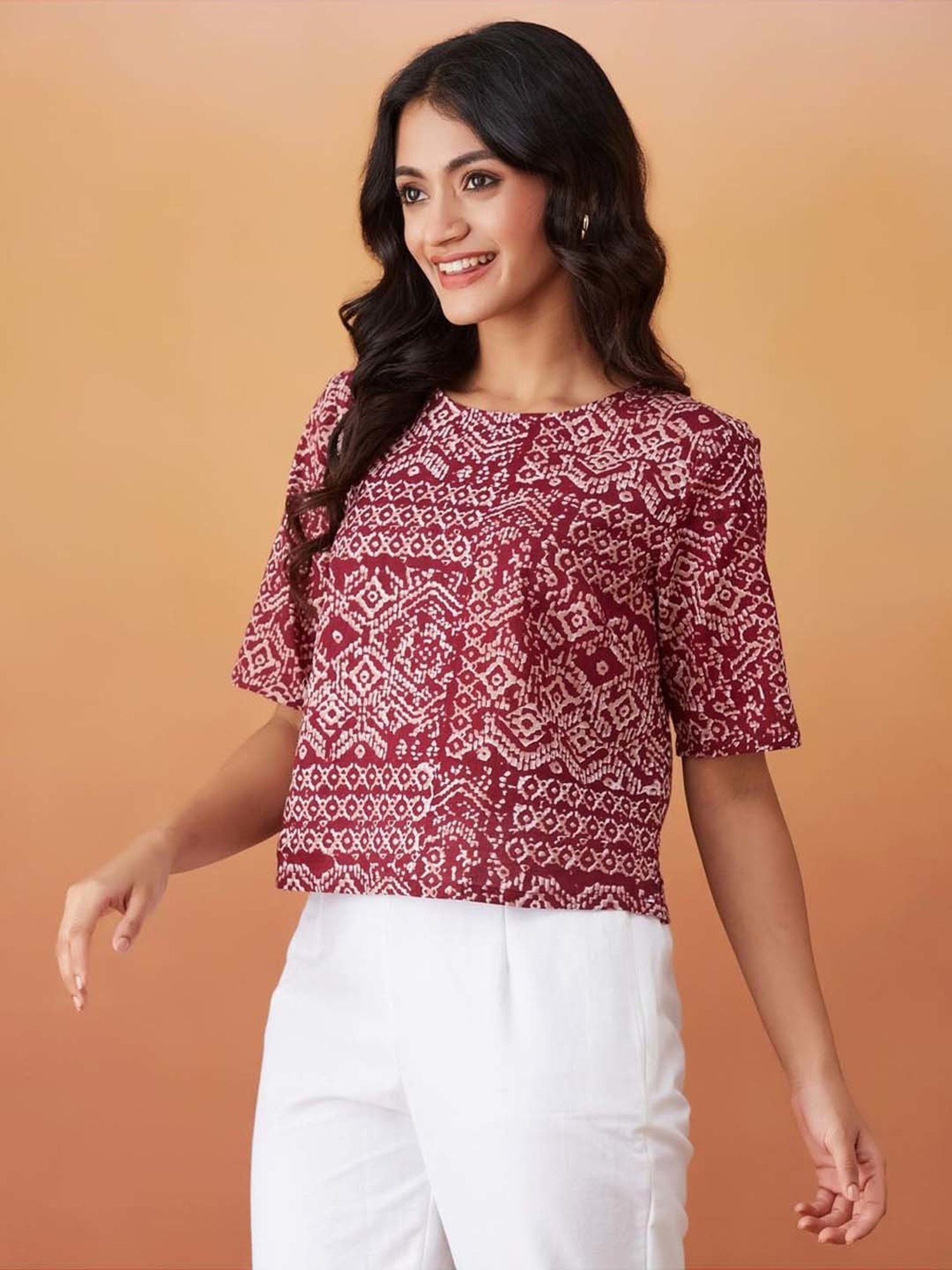 Fabindia Red Cotton Printed Top
