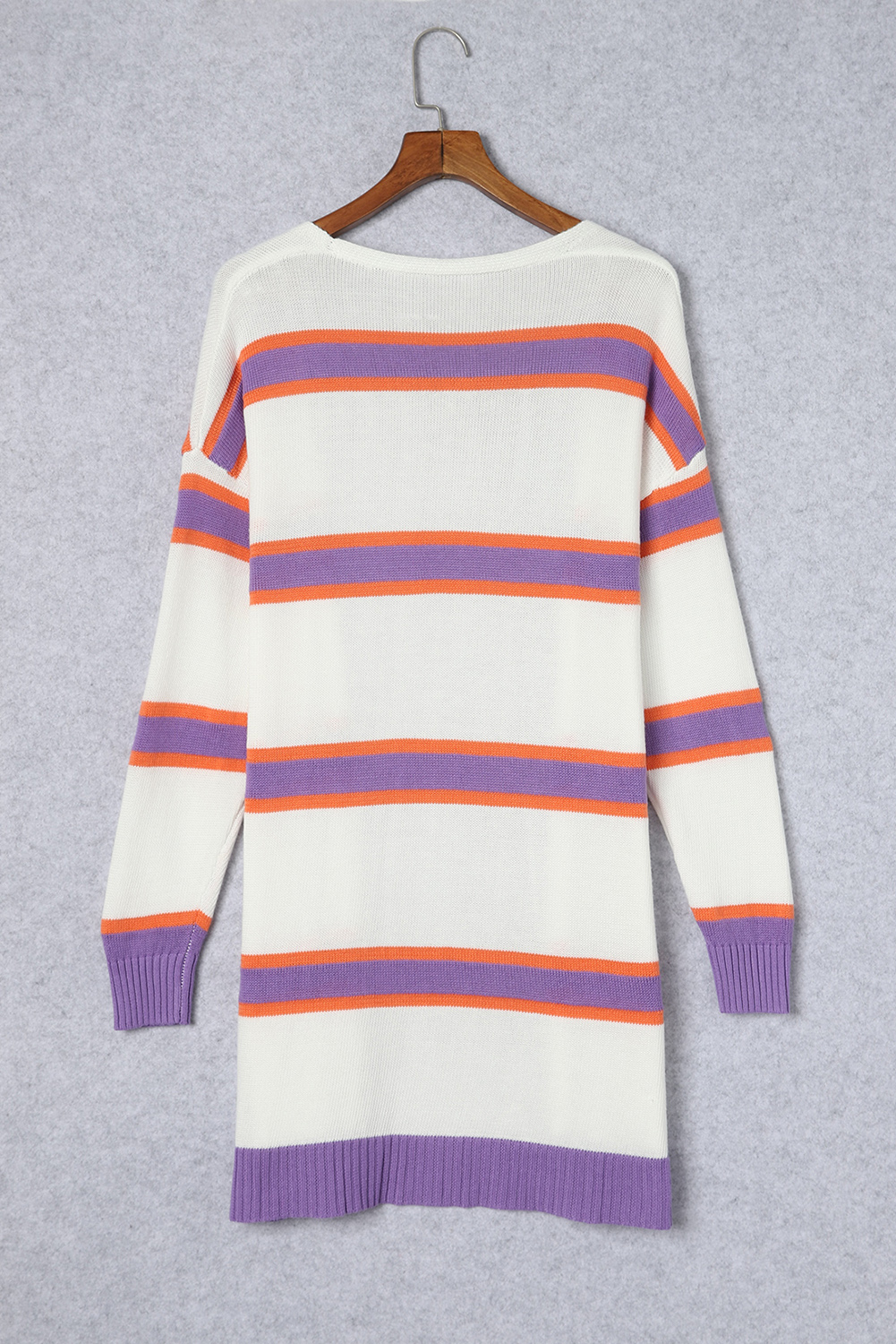 Beige Striped Long Sleeve Ribbed Trim Button Cardigan