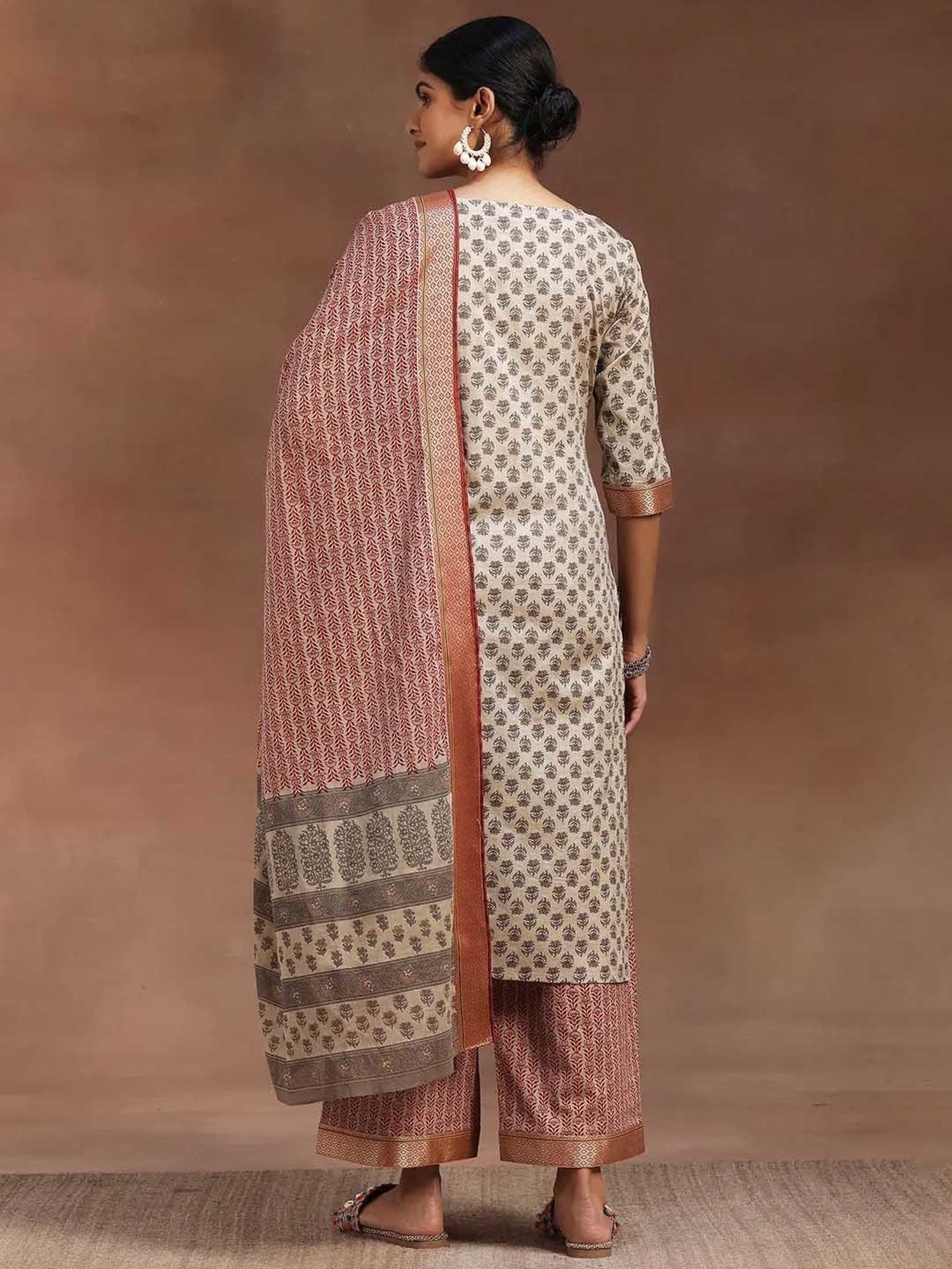 Libas Beige & Marron Floral Print Kurta With Palazzo & Dupatta