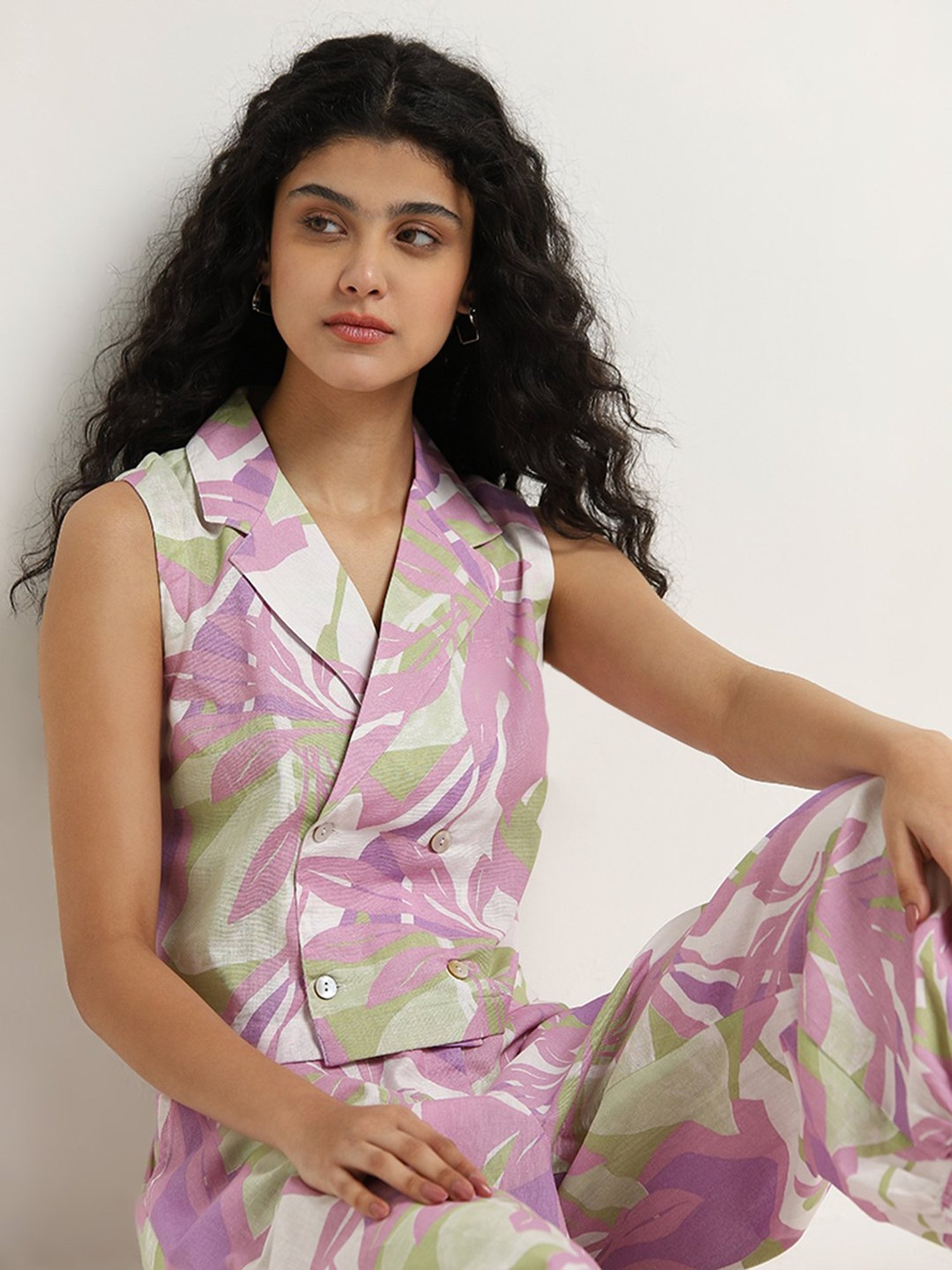 Bombay Paisley by Westside Lilac Waistcoat-Style Cotton Blend Top