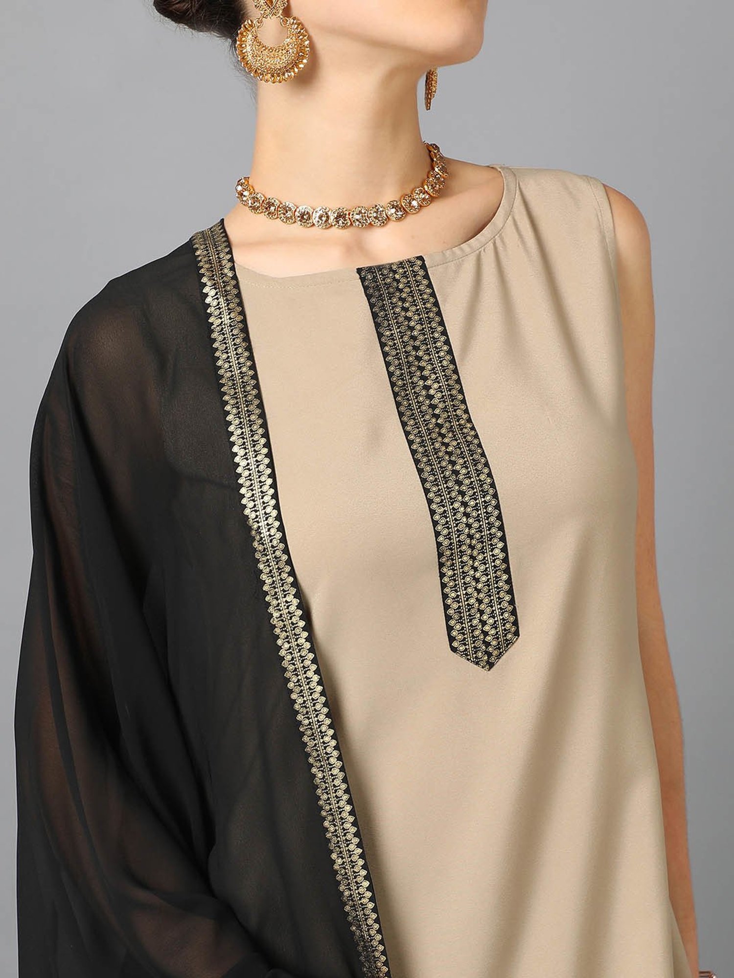 Ziyaa Beige Printed Kurta With Pant & Dupatta