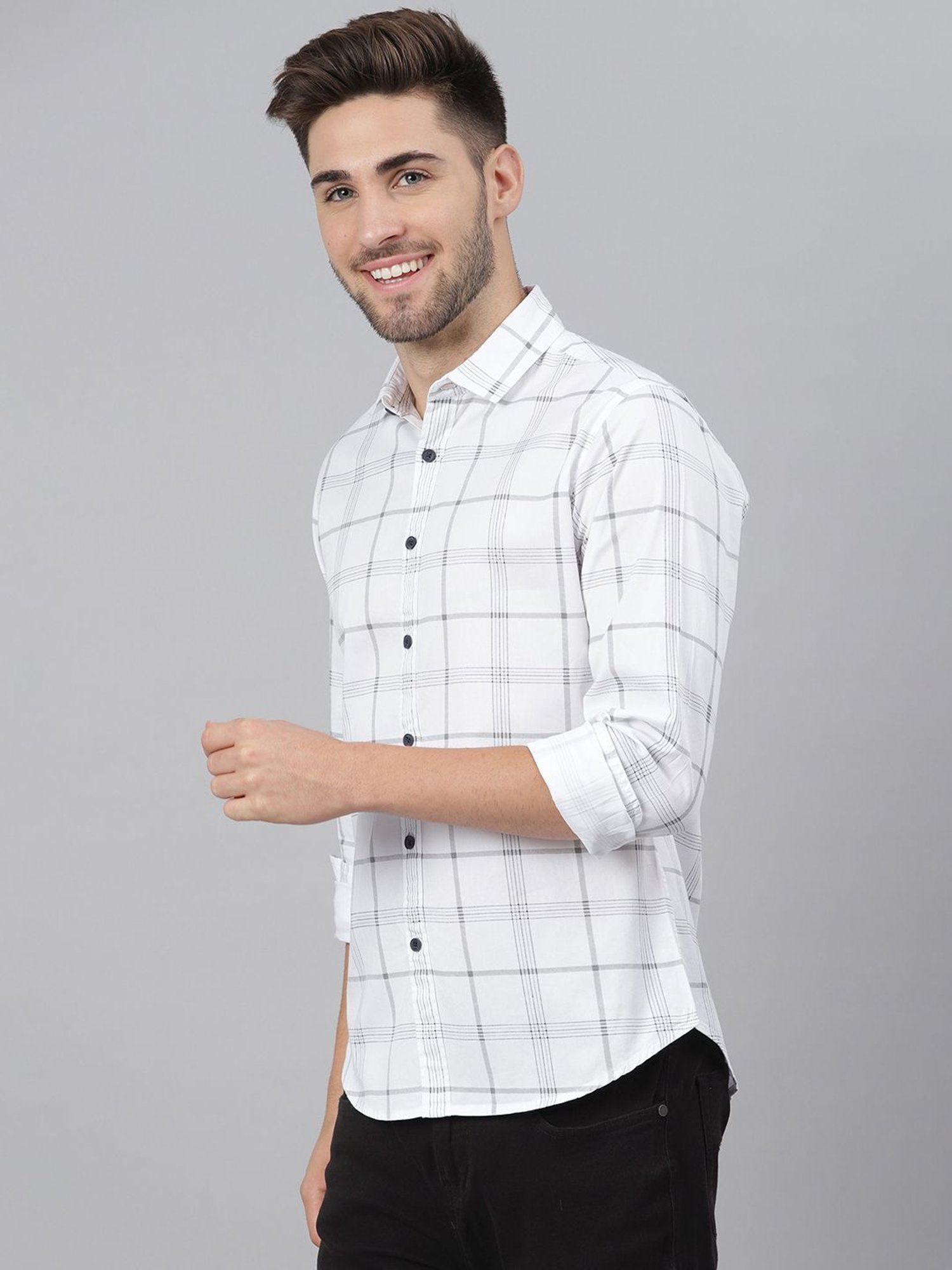 Dennis Lingo White Cotton Slim Fit Checks Shirt