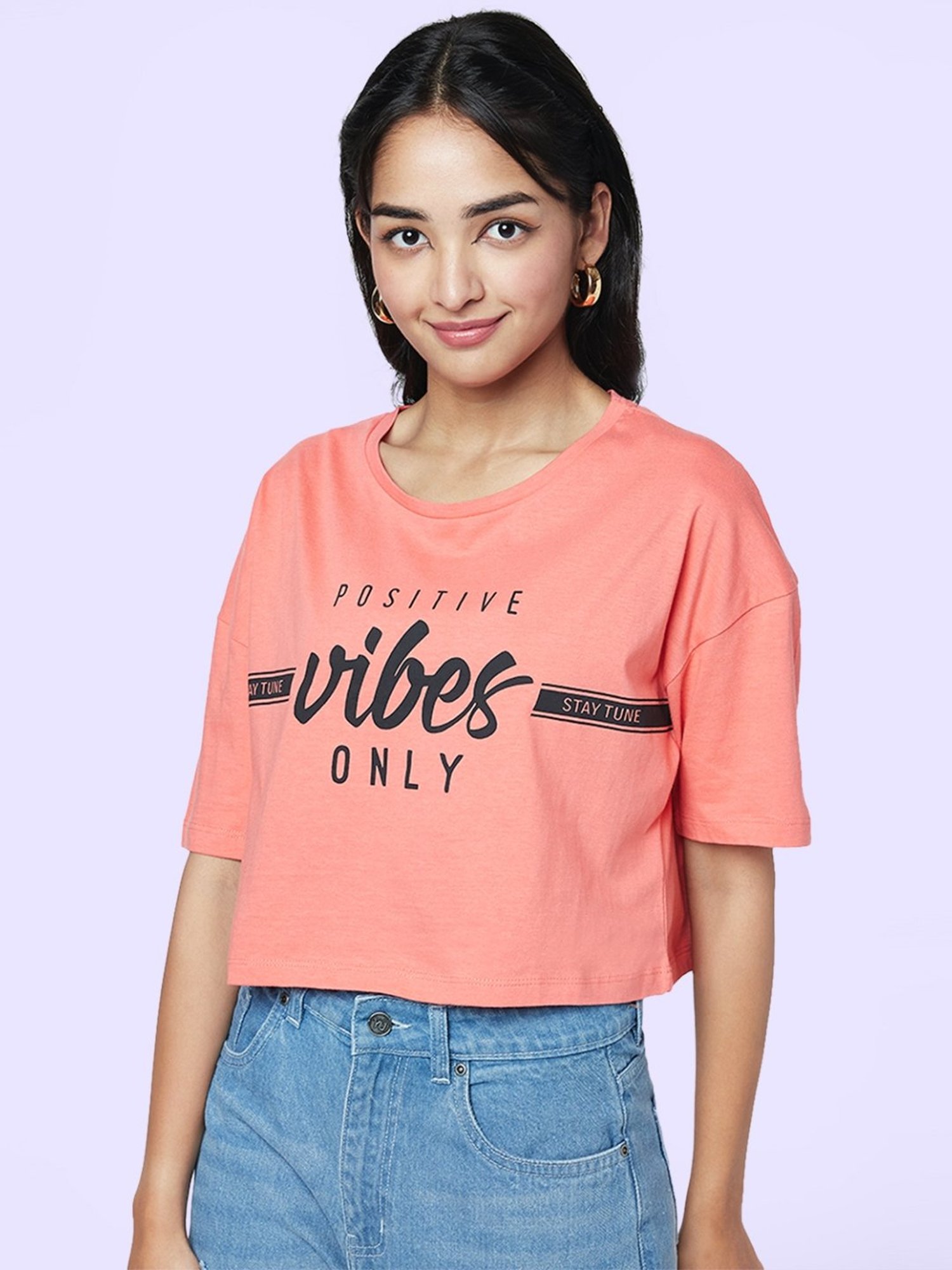 YU by Pantaloons Peach Cotton Graphic Print Top