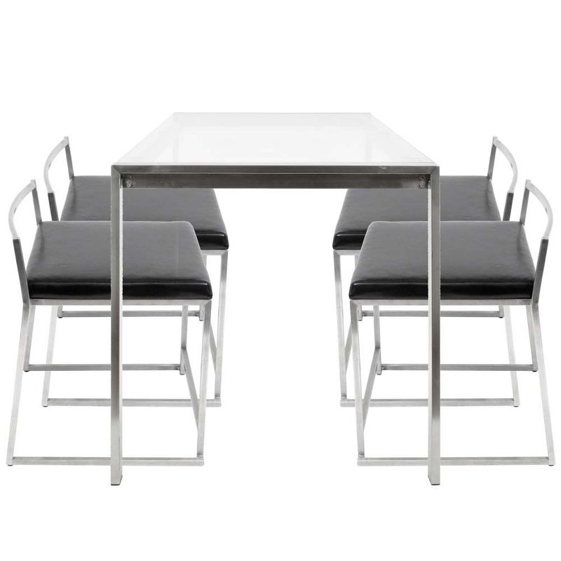 Fuji 5-Piece Contemporary Dining Set in Stainless Steel and Black Faux Leather - LumiSource