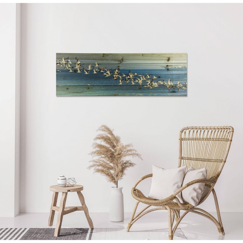 12" x 36" Birds in Flight Print on Planked Wood Wall Sign Panel Blue - Gallery 57