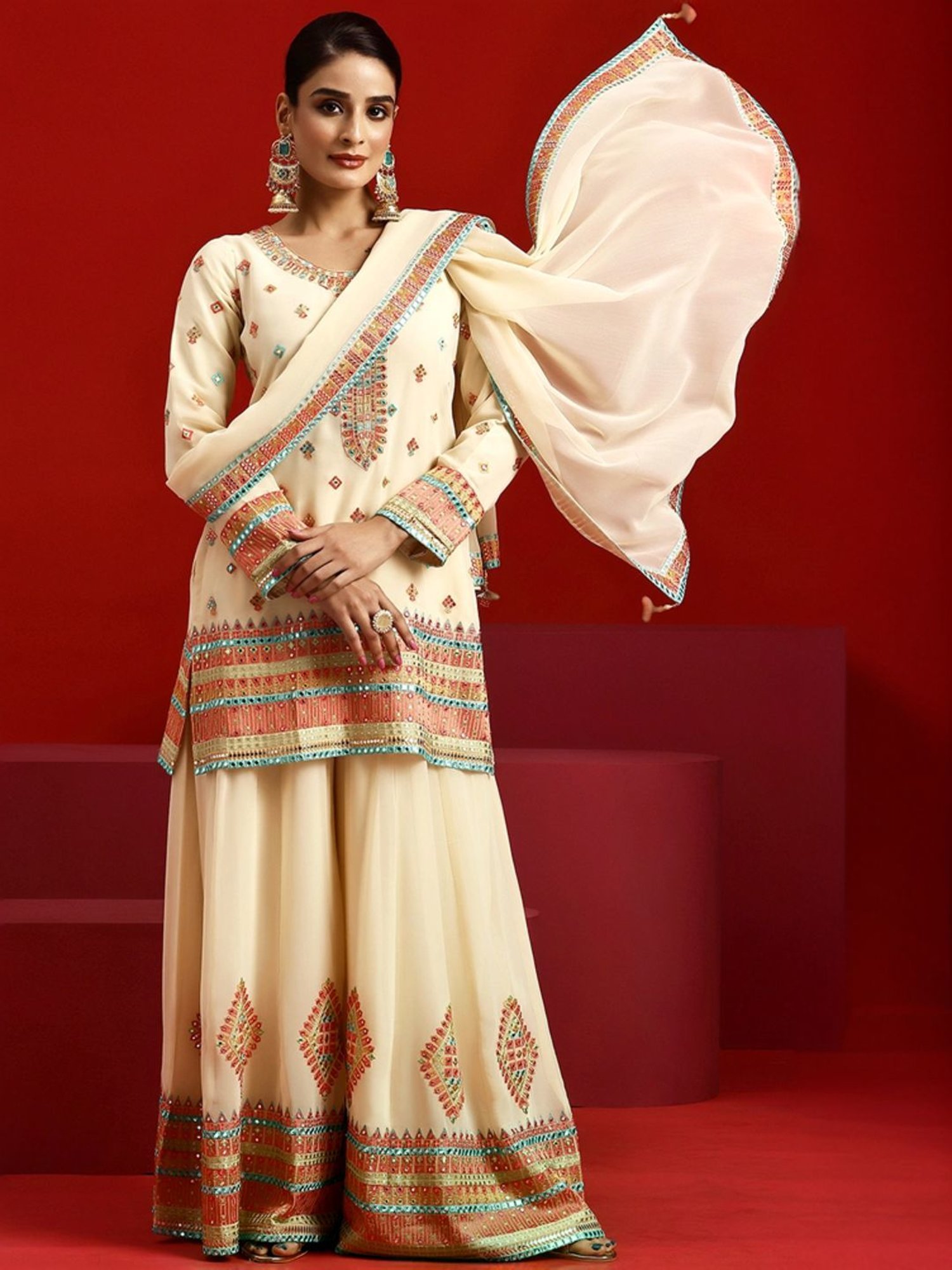 Libas Art Beige Embroidered Kurti Palazzo Set With Dupatta