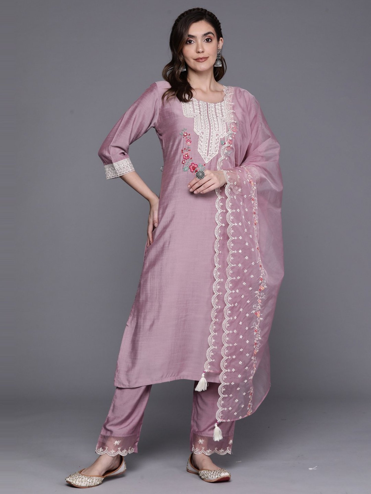 Indo Era Purple Embroidered Kurta Pant Set With Dupatta