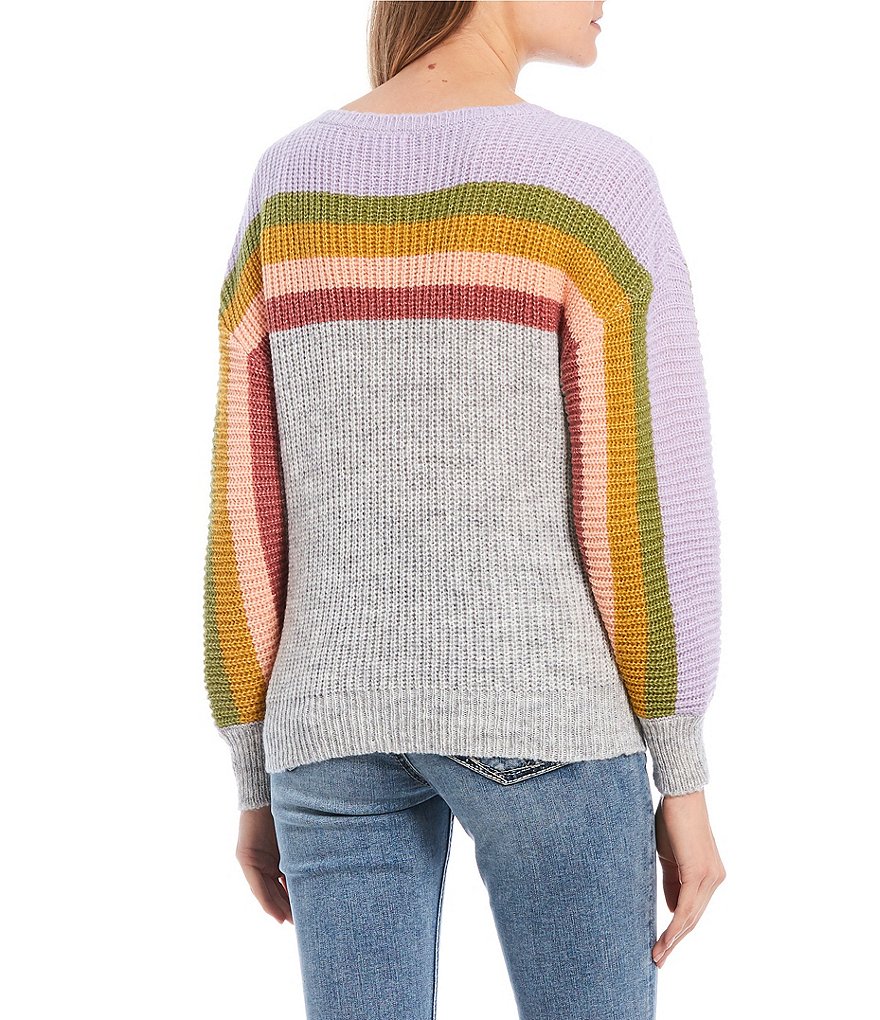 Coco + Jaimeson Balloon Sleeve Pastel Multi-Stripe Sweater Top