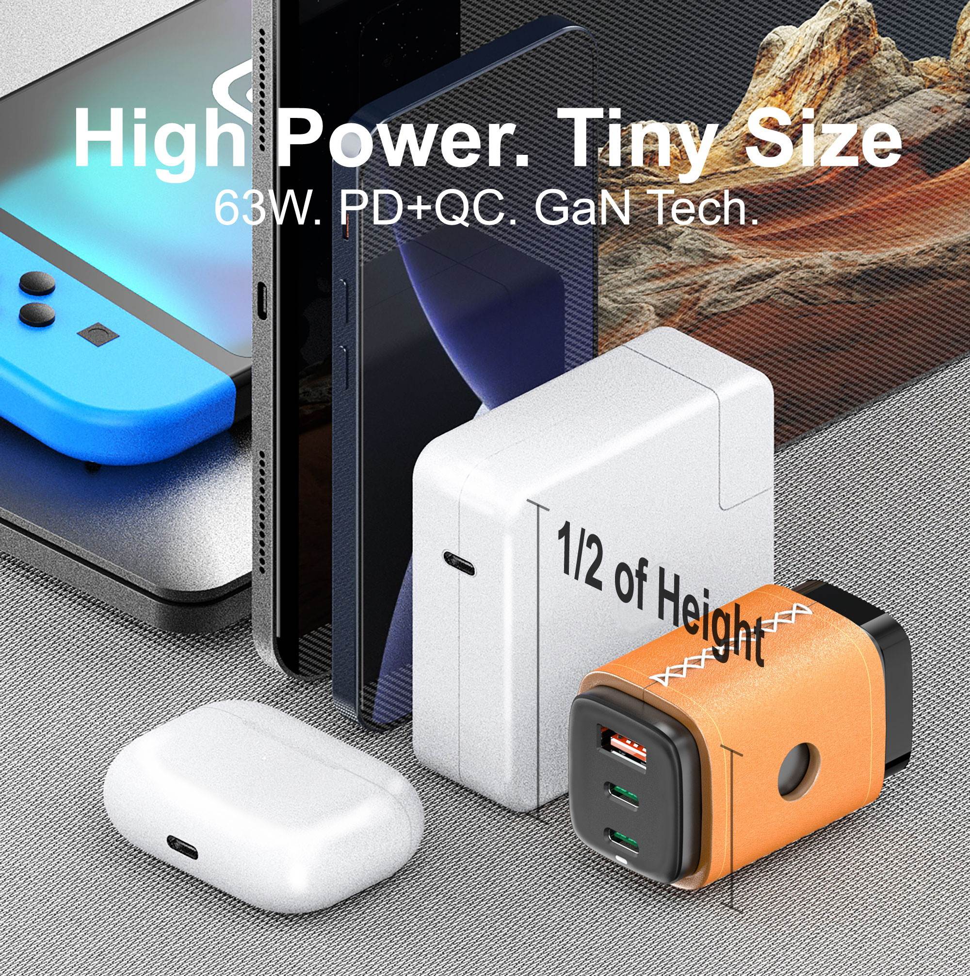 VogDUO USB C Charger, 65W 3 Ports GaN, Fast Charging, Foldable Plug, Genuine Leather style, compatible with iPad, iPhone 12/12 Mini/12 Pro/12 Pro Max/SE/11, Nintendo Switch, MacBook