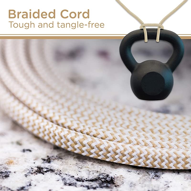 Designer 3-Outlet Extension Cord, 8 Ft Braided Cable, 2-Prong Power Strip, Slide-to-Lock Safety, Low-Profile Flat Plug, Polarized, ETL Listed, White/Tan, 41891-T1