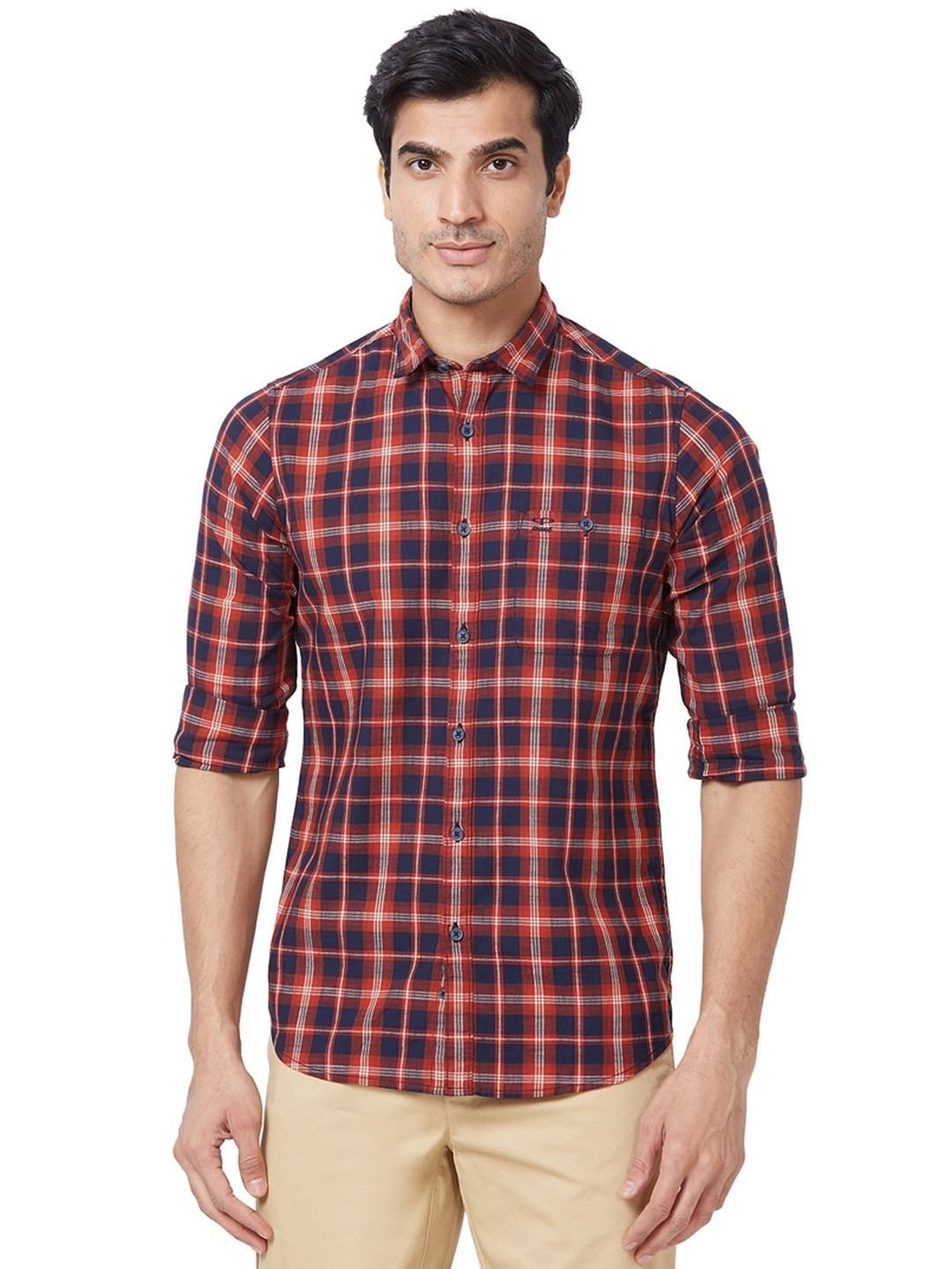 ColorPlus Red Cotton Contemporary Fit Checks Shirt