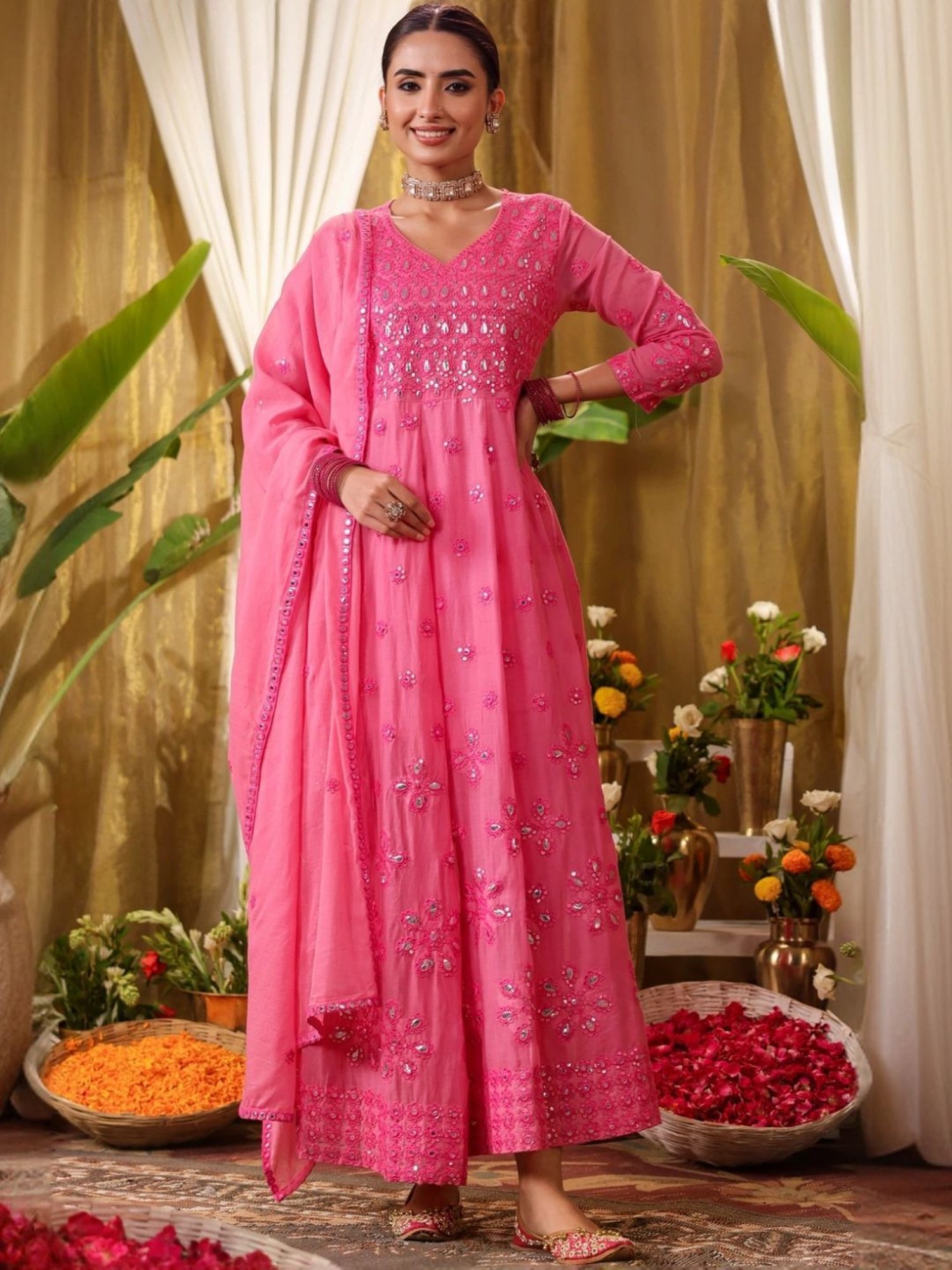 SCAKHI Coral Mulmul Mirror & Sequin Embroidered Anarkali and Pant With Dupatta