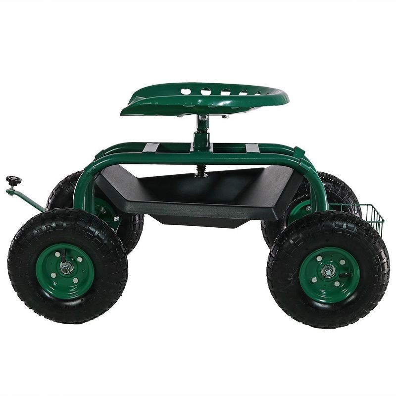 Sunnydaze Outdoor Lawn and Garden Heavy-Duty Steel Rolling Gardening Cart with Adjustable Height Swivel Chair, Tool Tray, and Basket - Green