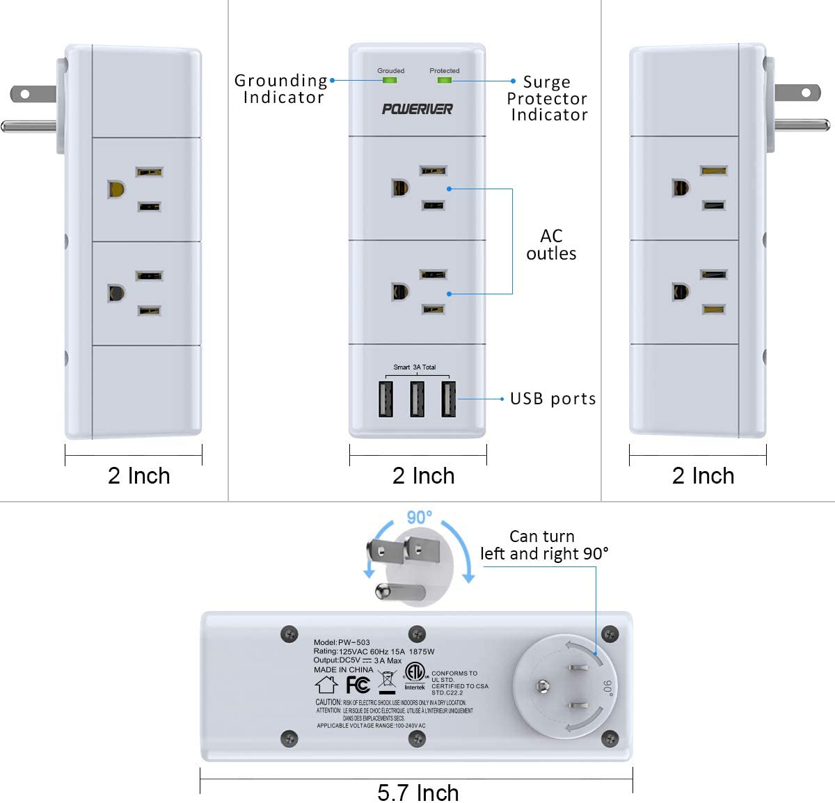 Surge Protector Wall Mount , Outlet Splitter with Rotating Plug, Power Strip with 6 Outlet Extender (3 Side) and 3 USB Ports, 1680 Joules, for Home/School/Office/Travel, White