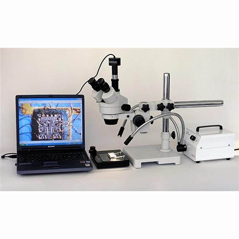 SM-3T Professional Trinocular Stereo Zoom Microscope, WH10x Eyepieces, 7X-45X Magnification, 0.7X-4.5X Zoom Objective, Ambient Lighting, Single-Arm Boom Stand