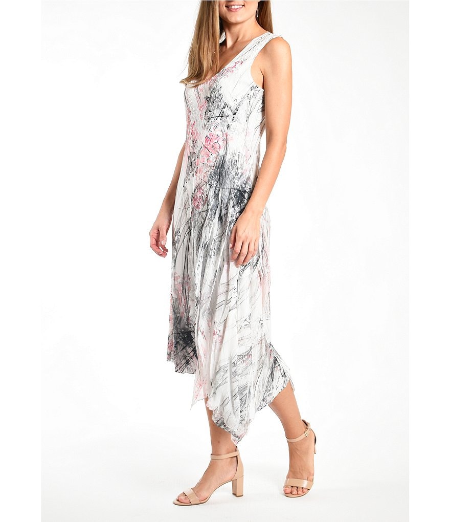 Komarov V-Neck Sleeveless Charmeuse Dress with Asymmetrical Hem