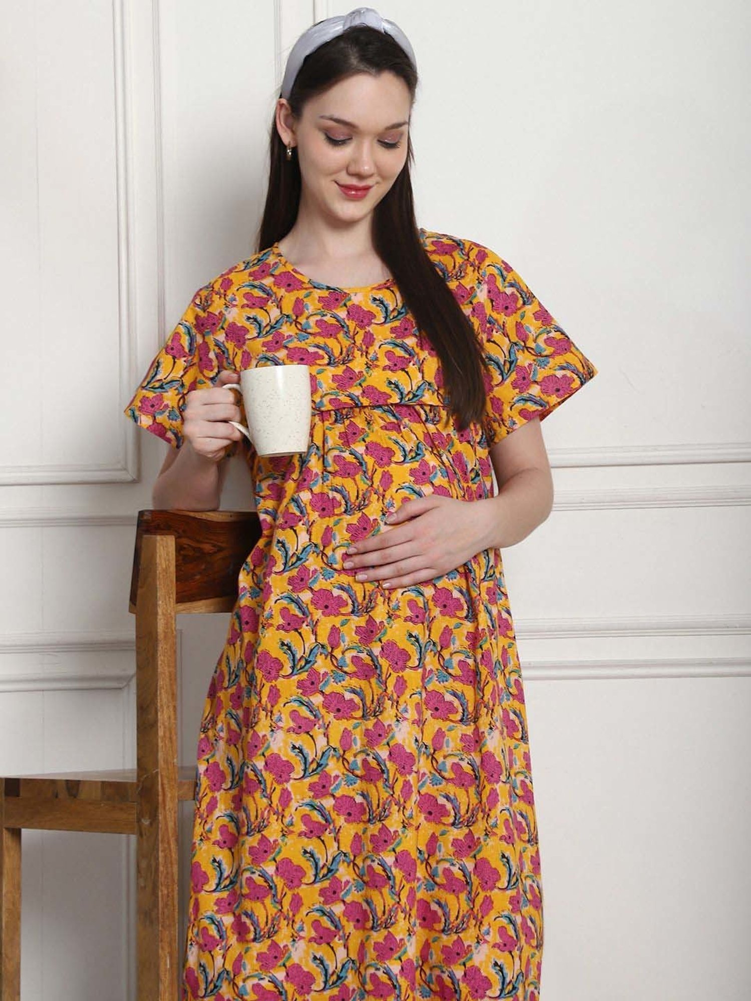 Secret Wish Yellow & Pink Cotton Floral Straight Nighty