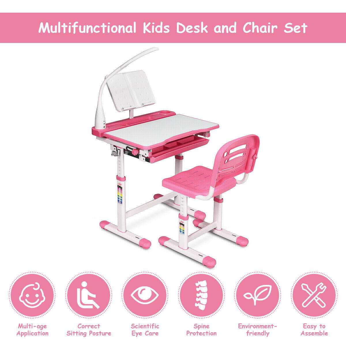 Height Adjustable Kids Desk Chair Set Study Drawing w/Lamp & Bookstand Pink
